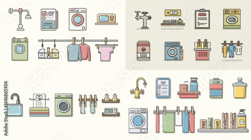 Colorful laundry icons set including washing machines, detergents, clothes, and cleaning supplies, ideal for household and cleaning service designs.