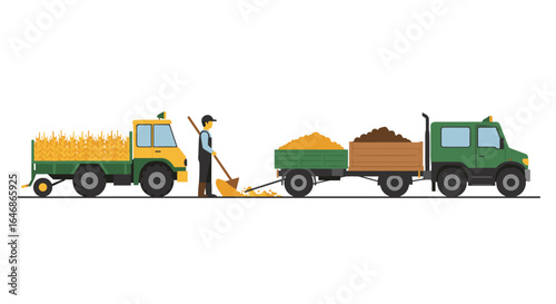 Farming equipment and worker loading hay with trucks on a farm