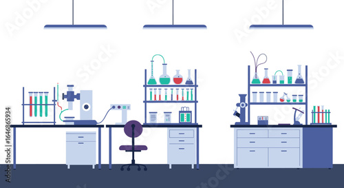 Modern science laboratory interior with equipment and glassware in flat design