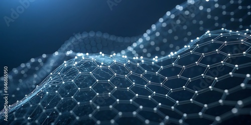 Abstract visualization of a shimmering undulating graphene lattice structure with glowing nodes and interconnected hexagonal patterns against a dark blue background