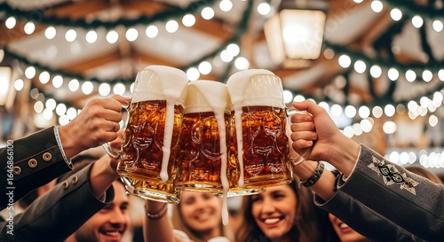 Friends celebrating and toasting with traditional beer steins at a lively folk festival with festive lights.