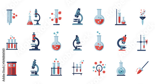 Collection of minimalist laboratory icons featuring microscope, test tubes, and flasks