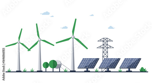 Renewable energy sources with wind turbines and solar panels in modern flat design
