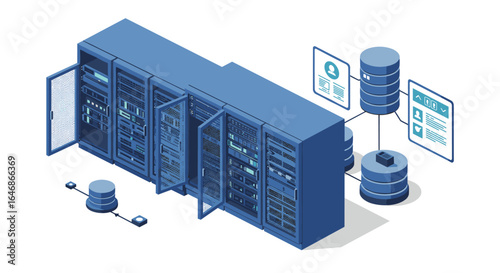 Isometric data center with server racks and network visualization