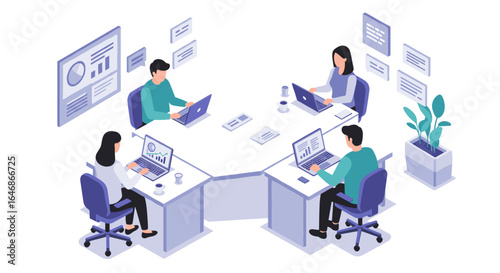 Wallpaper Mural Business meeting in modern office with team working on laptops in isometric style Torontodigital.ca