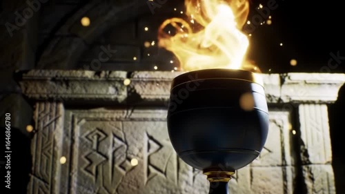 Glowing chalice with fire above ancient stone altar