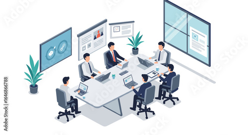 Modern office meeting in an isometric design with team collaboration and technology