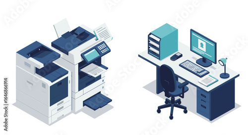 Isometric office printing and computer workstation setup