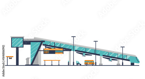 Modern train station with sloped roof and transport elements in flat design