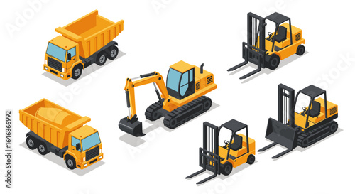 Isometric construction vehicles set featuring excavator, forklift, and dump truck