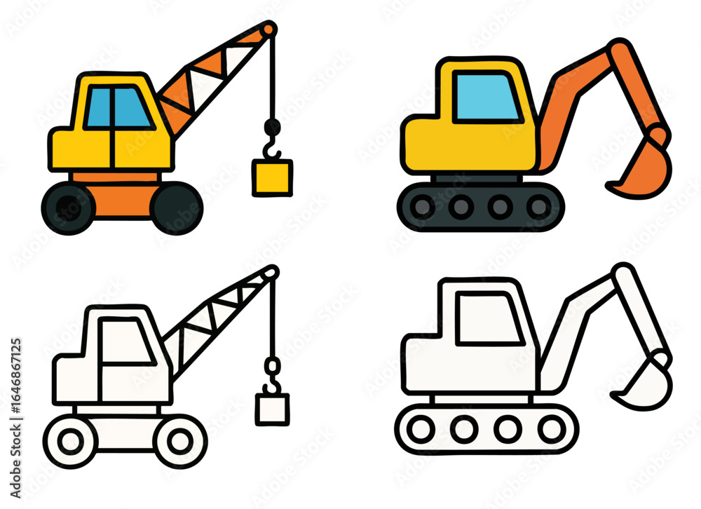 Colorful and Outline Construction Vehicles Set. Colorful and Outline Construction Vehicles Set.