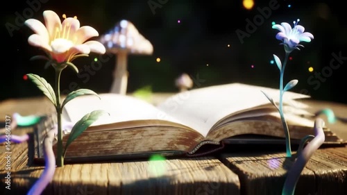 Open book with flowers and mushroom on wooden table with magical particles