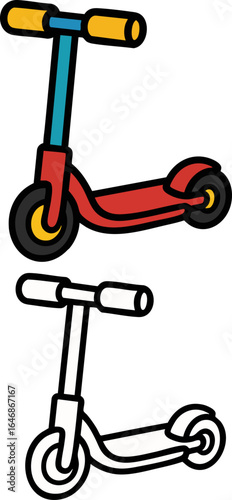 Colorful and Outline Kick Scooters Illustration.