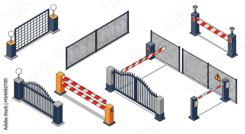 Isometric security gates and barriers set with modern design elements