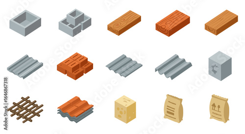Isometric building materials collection: bricks, wood, and more