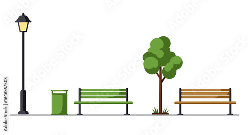 Minimalist city park scene with benches, tree, and lamp post