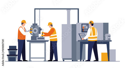 Factory workers operating machinery in modern industrial setting