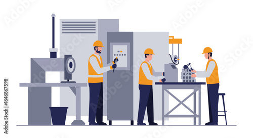 Industrial assembly line with workers in safety gear operating machinery