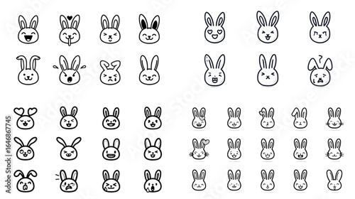 Cute bunny faces illustration set. Minimal cartoon rabbit expressions in simple black and white line art style, perfect for children’s designs and animal-themed graphics.