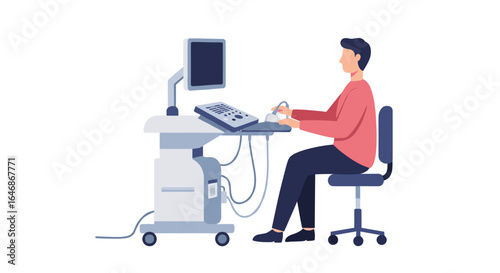 Man operating medical ultrasound machine in modern clinic setting