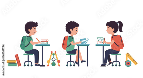 Children studying in classroom setting with school supplies