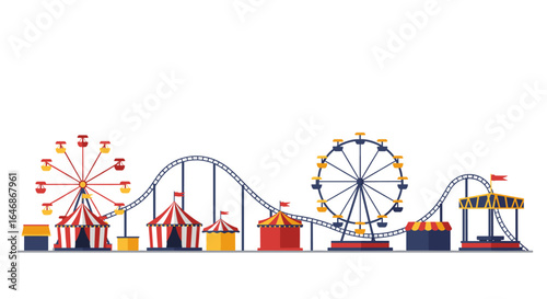 Colorful amusement park with ferris wheel and roller coaster in flat design