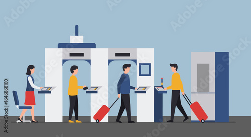 Airport security checkpoint with people and luggage passing through scanners in flat design