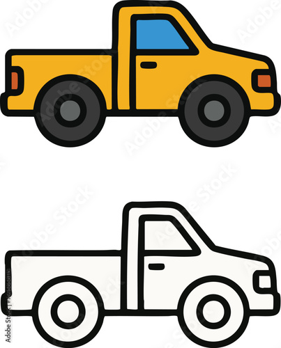 Yellow pickup truck and outline icon set.