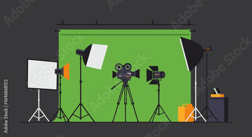 Film studio setup with camera and lighting equipment on green background