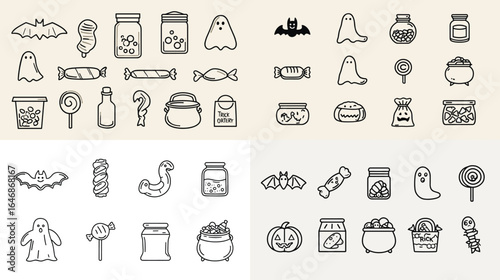 Halloween candy illustration set. Hand-drawn sweets, lollipops, jars, and spooky treats with ghosts, bats, and pumpkins, perfect for seasonal and festive designs.