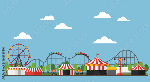 Amusement park fun with colorful rides and tents on a sunny day