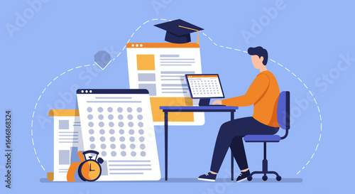 Flat design online education concept with student and digital learning tools in blue hue