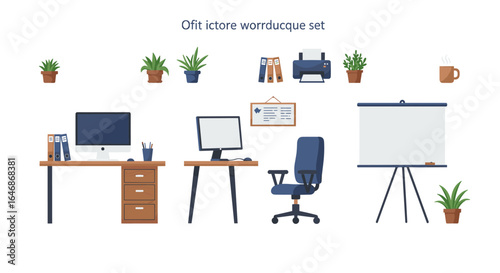 Modern office desk setup with plants and supplies in flat design