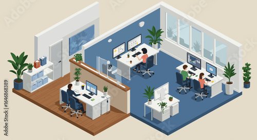 Modern isometric office interior with employees working at desks and computers surrounded by plants