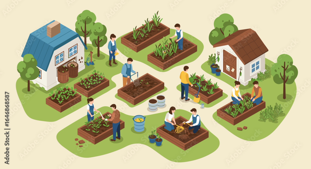 Fototapeta premium Community garden activities: isometric urban farming in raised beds