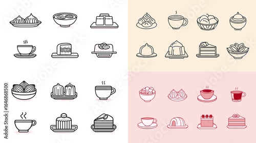 Food and drink illustration set. Minimal and colorful icons of coffee, tea, cakes, and snacks in flat design, perfect for café menus, food blogs, and culinary-themed projects.