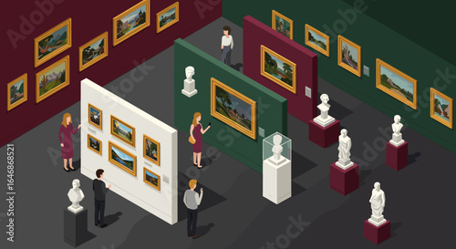 Isometric art gallery with visitors and classic sculptures in a modern exhibition space