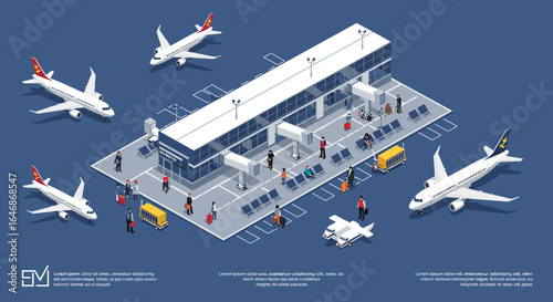 Isometric airport scene with planes and people in modern illustration