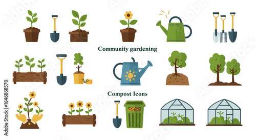 Community gardening tools and composting icons for sustainable living