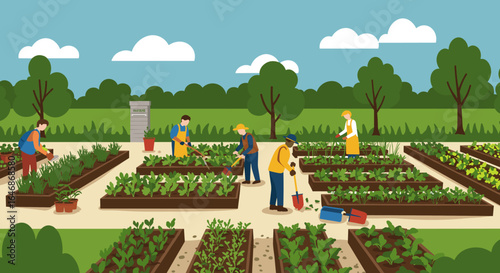Community garden: people growing vegetables in lush green space