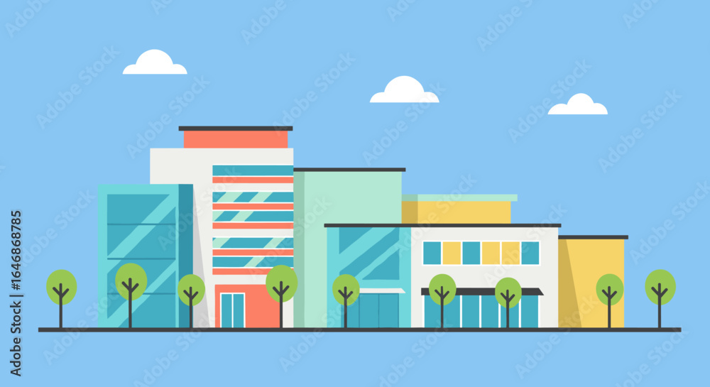 Fototapeta premium Modern flat design urban skyline with colorful buildings and trees