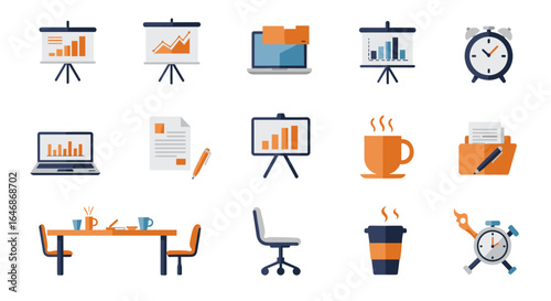 Modern flat style office icons including graphs, clock, laptop, and coffee cup