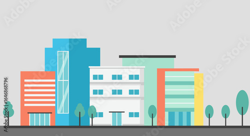 Colorful flat urban buildings with trees on a minimalistic background