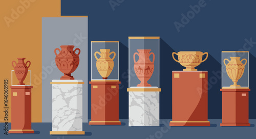 Exhibition display of ancient vases on pedestals in modern museum setting