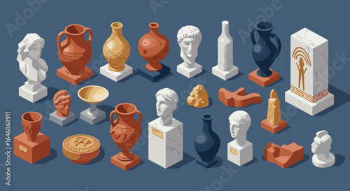 Classical artifacts and sculptures collection in isometric style on blue background