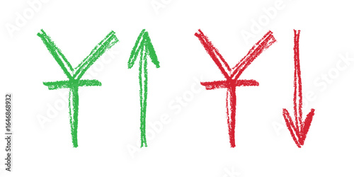 Hand drawn chinese yuan currency symbol Growth and fall profit with arrow up and down Brush stroke doodle Element for design