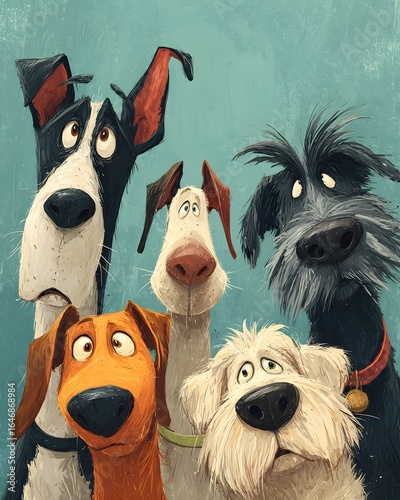 Wallpaper Mural A charming stylized illustration of a group of five diverse dogs with wide expressive eyes and worried looks. Torontodigital.ca