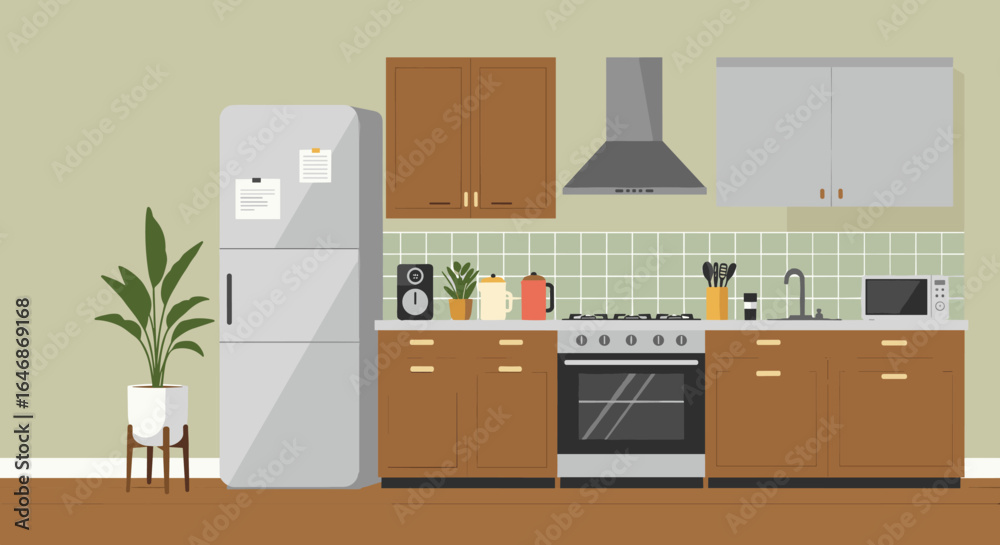 Fototapeta premium Modern kitchen interior with appliances and plants in flat design