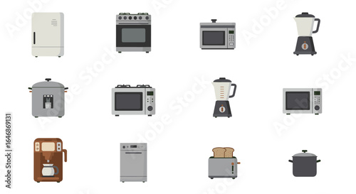 Modern kitchen appliances with flat design: blender, microwave, and more