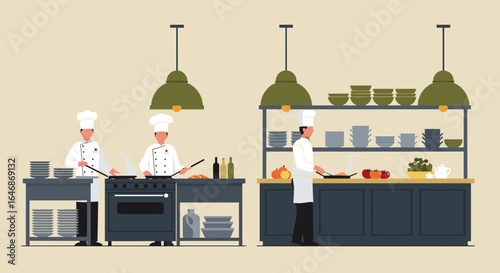Chefs cooking in modern kitchen with shelves and utensils